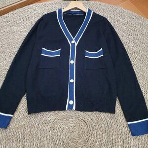 🖤 Navy Preppy Contrast Trim Button Knit Cardigan